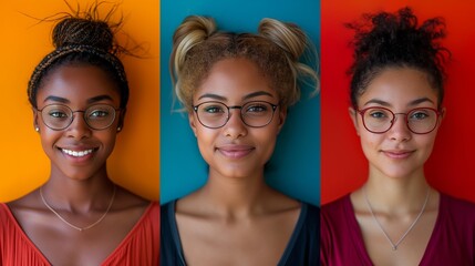 Composite portrait of headshots of different smiling women from all genders and age, including all ethnic, racial, and geographic types of women in the world on a colourful flat background, - obrazy, fototapety, plakaty