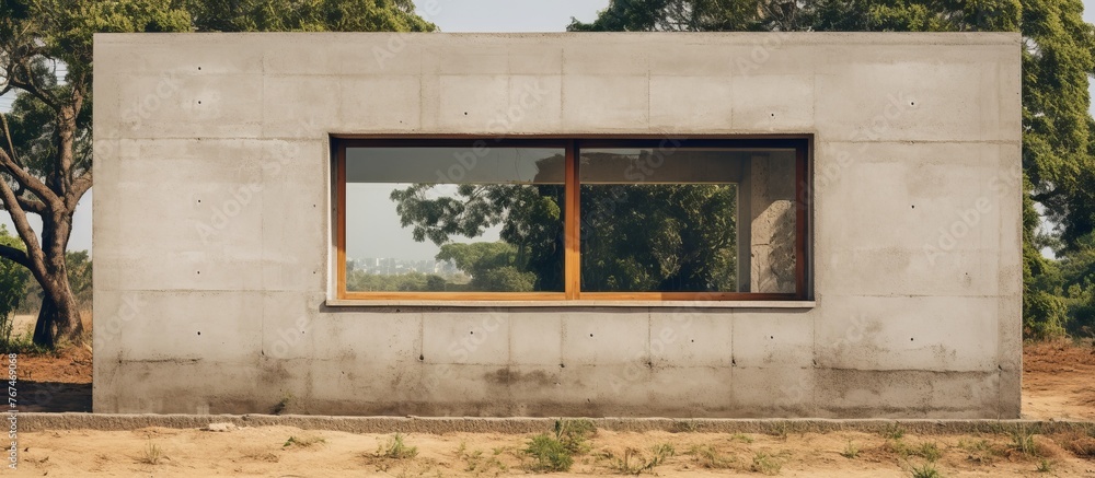 Poster a concrete building with a sizable window, surrounded by trees in the backdrop, featuring brickwork 