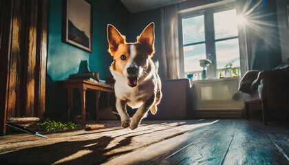 Portrait of a cute red welsh corgi dog jumping in the room - obrazy, fototapety, plakaty