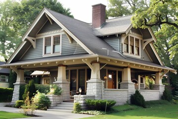 A craftsman house exterior in a soft gray color, showcasing a front porch with tapered columns, decorative brackets, and a welcoming entryway.