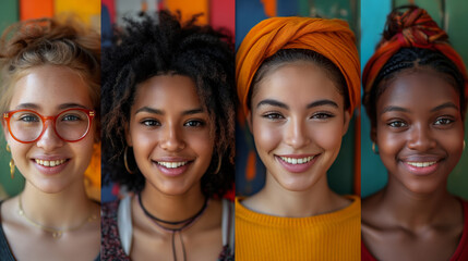 Composite portrait of headshots of different smiling women from all genders and age, including all ethnic, racial, and geographic types of women in the world on a colourful flat background,