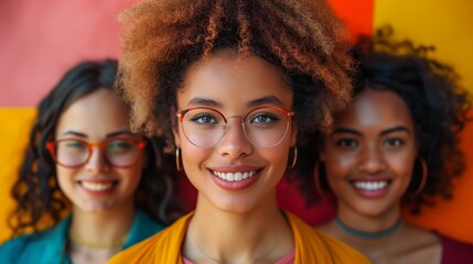 Composite portrait of headshots of different smiling women from all genders and age, including all ethnic, racial, and geographic types of women in the world on a colourful flat background, - Powered by Adobe