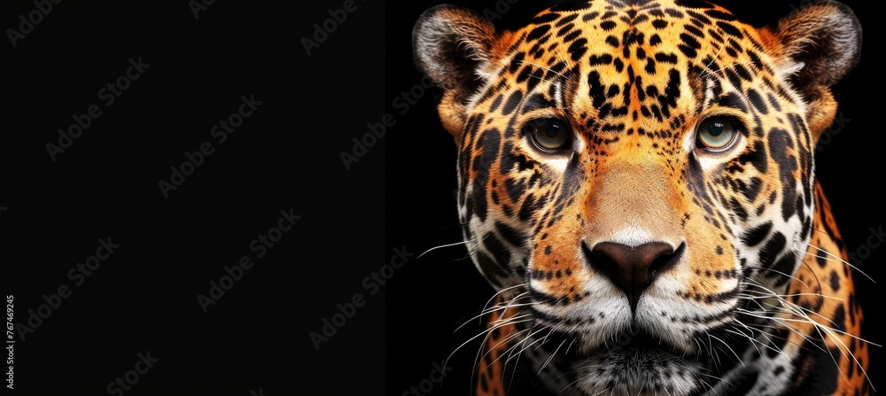 Poster male jaguar and cub portrait with empty space on left for text, object on right side