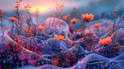 A vibrant 3D render of an abstract digital garden, where virtual flowers bloom in vivid colors against a backdrop of digital grids and soft, glowing lights. - obrazy, fototapety, plakaty