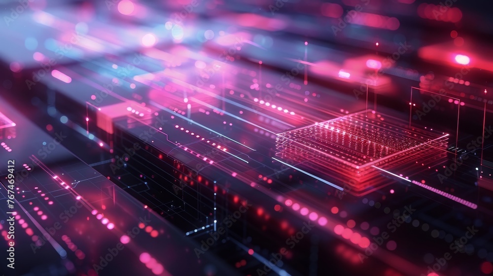 Poster technology concept with circuit board illuminated by led light, depicting innovation and progress in
