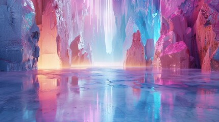 A sci-fi landscape with stunning ice crystal formations and reflective ice surfaces, creating an otherworldly atmosphere.
