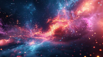Abstract 3D background with a space theme, where neon geometric shapes orbit around a digital black hole. Dark empty space concept with bursts of neon light in electric blue and neon pink
