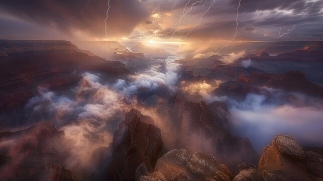  a large group of rocks in the middle of a mountain range under a cloudy sky with lightning in the distance.