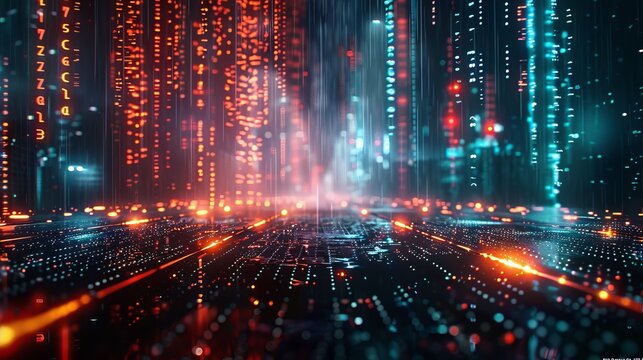 Abstract 3D background reflecting the concept of digital rain, with streams of code flowing into virtual windows against the backdrop of a blurred neon cityscape.