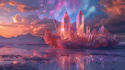 Poster de jardin Violet A fantasy visualization of glowing crystal towers set in a dreamlike landscape with a starry sky reflecting above the surface of the water.