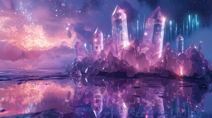 Mystical Crystal Towers Reflecting on Water in a Dreamlike Sky Background