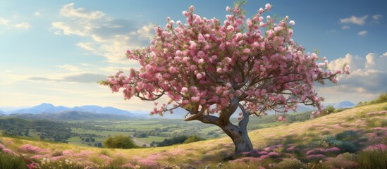 A cherry blossom tree stands gracefully on a grassy hill overlooking the tranquil landscape of a field with a clear sky and fluffy clouds