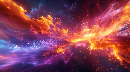 Digital image depicting a cosmic firestorm with dynamic explosions and colorful bursts, creating a stunning visual for a space background or abstract design element. - obrazy, fototapety, plakaty