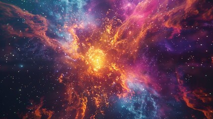 Digital image depicting a cosmic firestorm with dynamic explosions and colorful bursts, creating a stunning visual for a space background or abstract design element. - obrazy, fototapety, plakaty