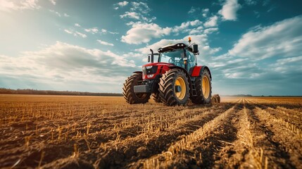 Obraz premium Tractor in wheat field. Tractor on a wheat field.