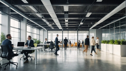 Bright workplace office with people walking blur 