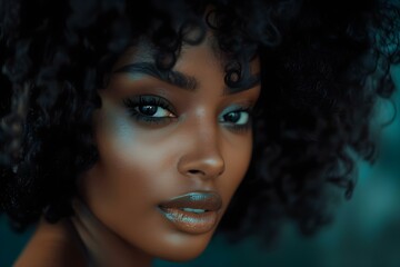 Portrait of a fashionable Black woman with voluminous curly hair highlighting her glowing skin and stylish hairstyle. Concept Fashion, Beauty, Curly Hair, Glowing Skin, Stylish Hairstyle
