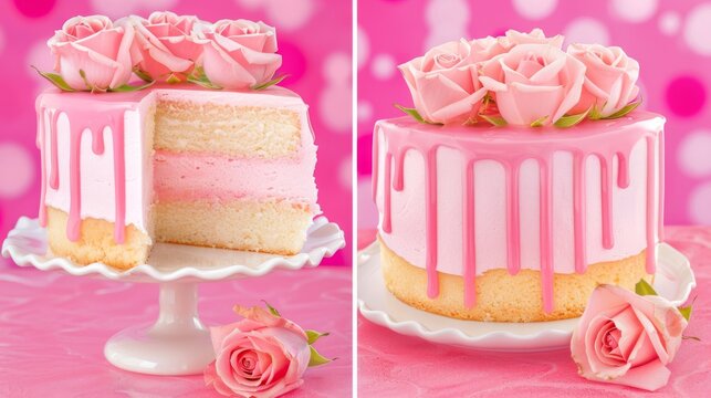  two pictures of a cake with pink frosting and pink roses on the top of the cake and the bottom of the cake with pink frosting and pink roses on the bottom of the cake.