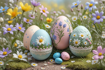 Obraz na płótnie Canvas Easter eggs on grassy bacgraund