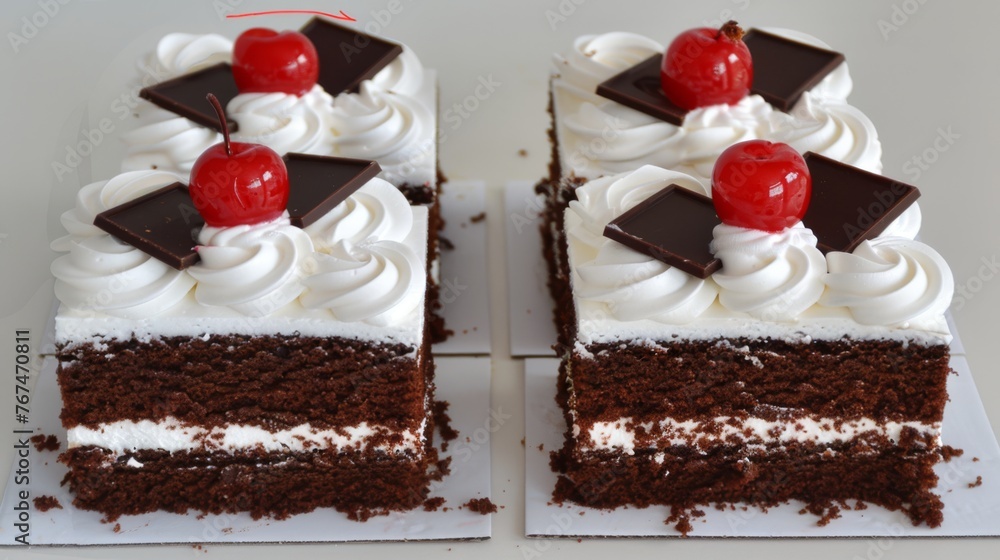 Aufkleber two slices of chocolate cake with white frosting and cherries on top of each slice with a cherry on 