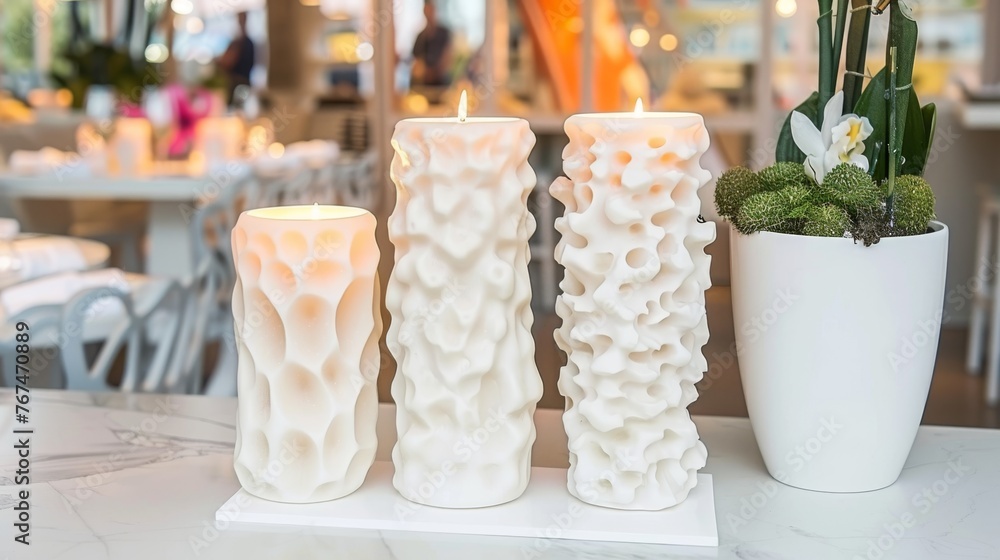 Poster a group of three white vases sitting on top of a table next to a vase with flowers in it.