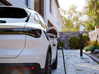 Modern white electric vehicle charging at residential electric station in front of house