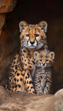 Male kodkod and kitten portrait with text space, object on right side, ideal for captions