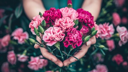  a close up of a person holding a bunch of flowers with pink flowers in the middle of the frame and pink flowers in the middle of the frame.