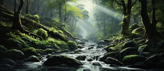 Abwaschbare Fototapete A serene river flows through a sunlit forest, with lush greenery and trees creating a picturesque natural landscape reminiscent of a painting © AkuAku