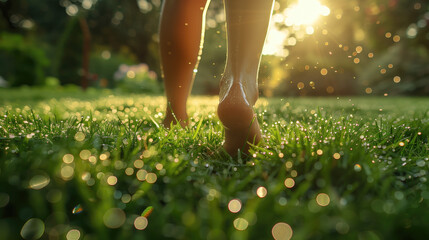A photo of a person walking barefoot on a dewy lawn after a morning mow.  - obrazy, fototapety, plakaty