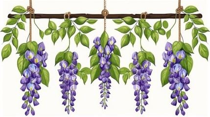  a bunch of purple flowers hanging from a branch with green leaves on a white background stock photo - budget - free, code - free. - obrazy, fototapety, plakaty