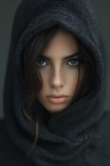 Gesichtslose Frau mit Kapuze trägt Kapuzenpulli mit Blick nach vorne, schwarzer Hintergrund - obrazy, fototapety, plakaty