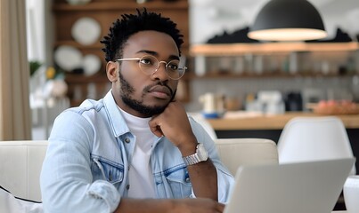 Ernsthafter, nachdenklicher junger afrikanischer freiberuflicher Geschäftsmann, der am Laptop arbeitet - obrazy, fototapety, plakaty