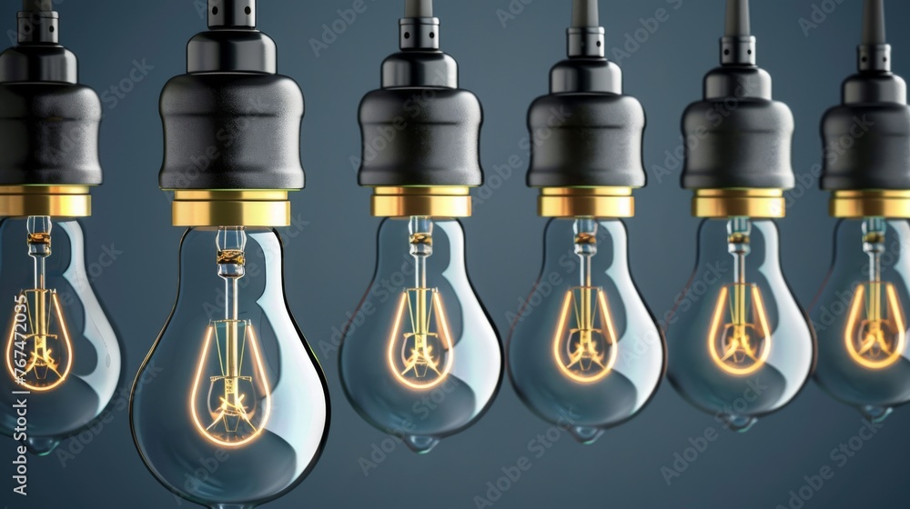 Poster a row of light bulbs with one bulb turned on and the other turned on with a light bulb turned on.