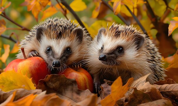 Zwei Igel im Garten im Laub, sch&ouml;nes Herbstbild