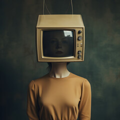 A retro, cyber portrait with an old-fashioned, vintage television instead of a face. Abstract modern styling, technological outfit.