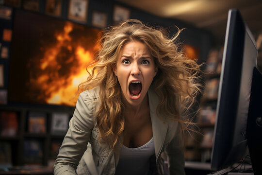 expression emotionally very angry business woman at work in the office against the background of fire. conflict, crisis, stress in business. problems working in a team