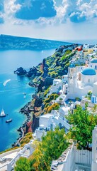 Santorini thira daytime panorama  fira and oia towns overlooking cliffs and beaches, greece - obrazy, fototapety, plakaty