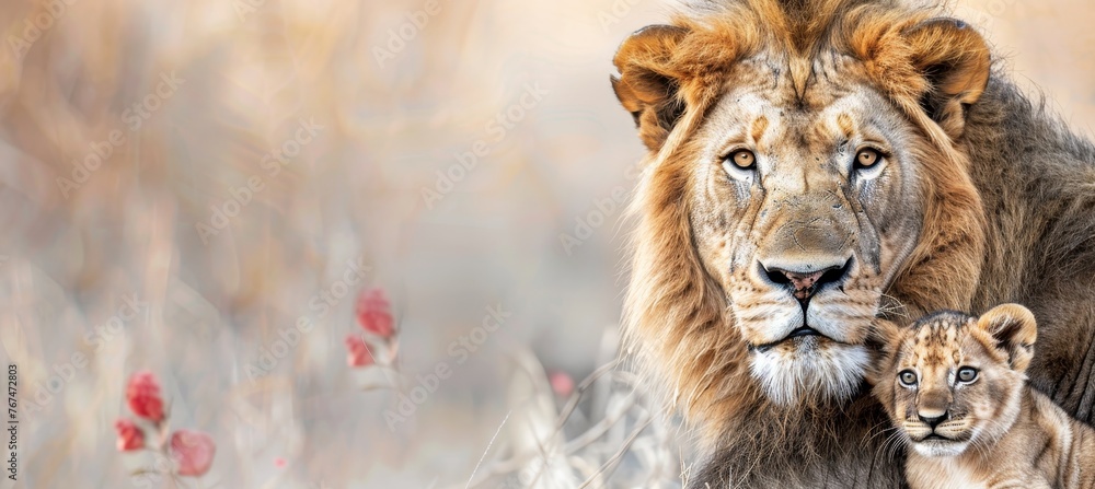 Aufkleber male lion and cub portrait with empty space on left and an object on the right for text placement