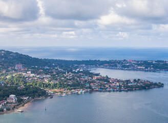 Residential housing on the coast of small islands in the waters of Youtefa Bay in Jayapura City, Papua, Indonesia.