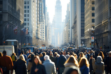 Busy Urban Avenue Crowded with People Walking in Midtown Manhattan, New York City During Rush Hour