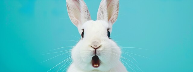 close up photo of surprised white rabbit on turquoise background, banner with copy space area