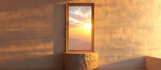 A simple portrait frame mockup poster is displayed on a pillar, reflecting the window and the sunset in a .