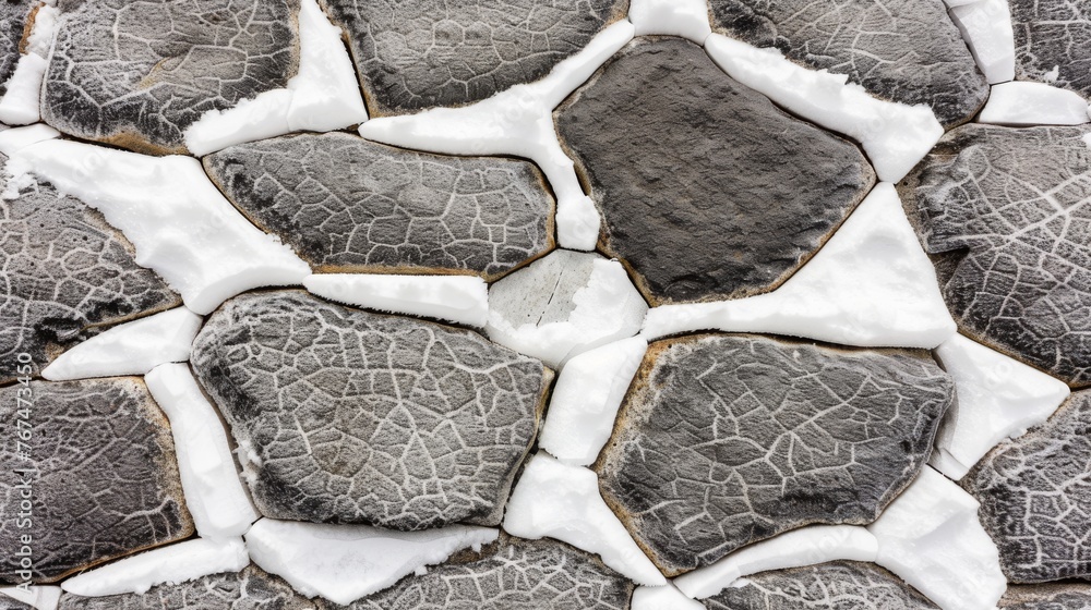 Poster a close up of a pattern made of rocks and leaves with snow on the top and bottom of the rocks.