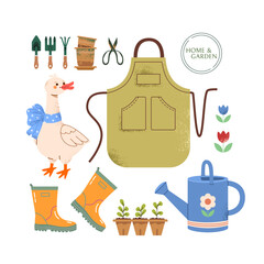 Set of gardening elements: apron, watering can for flowers, rubber boots, duck with bow on neck, gardening tools. Vector cute booklet with illustrations of growing organic plants on white background.