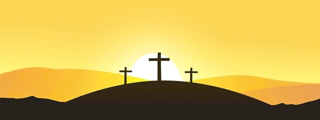 vector silhouette of three crosses on top hill with yellow sky background, easter theme, vector illustration