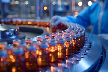 Inspecting Medical Vials on a Pharmaceutical Production Line. Concept Quality Control, Pharmaceutical Industry, Production Line Efficiency, Inspection Methods, Manufacturing Processes