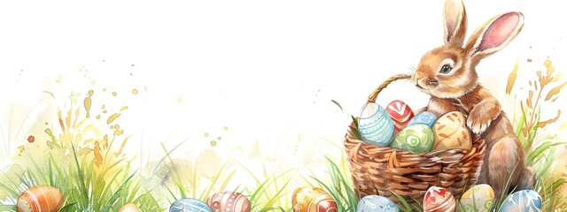 watercolor easter bunny with basket full of colorful eggs, on white background, banner for social media post, space to write text