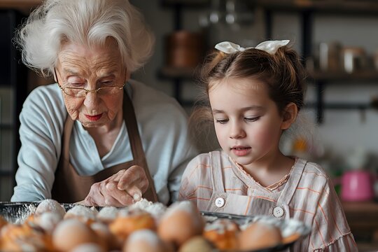 Großmutter und Enkelin bereiten traditionelle Ostergerichte zu, backen Kuchen und Süßigkeiten. Weitergabe von Familienrezepten, Bräuchen und Geschichten