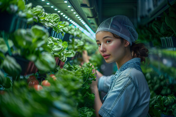 Young woman working in the hydroponic vertical farm
